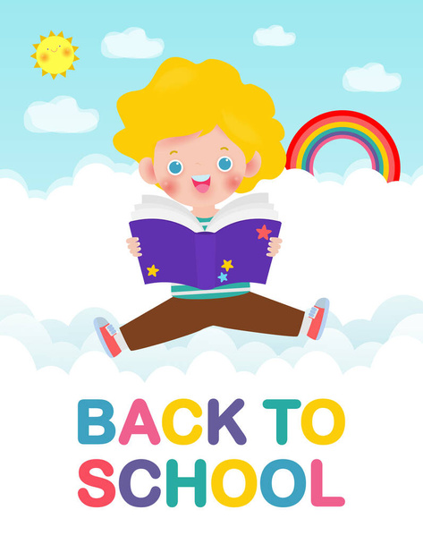 back to school with school kids reading book education concept, cartoon happy children background banner Template for advertising brochure, your text, child and frame isolated Vector Illustration - Διάνυσμα, εικόνα