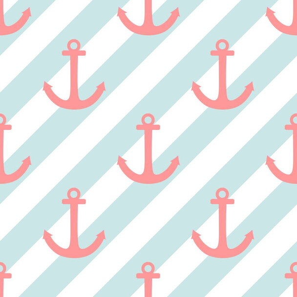 Tile sailor vector pattern with pink anchor on mint green and white stripes background - Vecteur, image