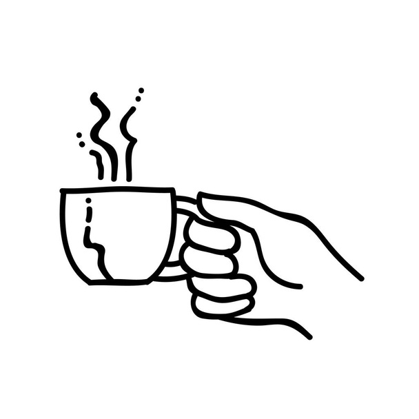 Hand holding hot drink cup. Coffee, tea, milk, chocolate beverage. Hand drawn vector illustration. Editable line stroke - Vector, Image