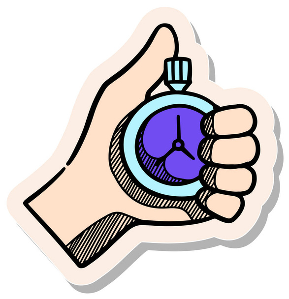 Mão desenhada mão segurando ícone cronômetro na ilustração vetor estilo adesivo - Vetor, Imagem