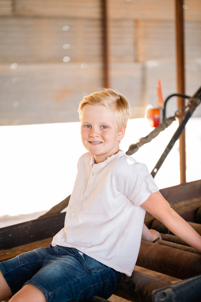 Cute blonde pre-teen boy with relaxed pose sitting in rustic outdoor county setting - Фото, зображення