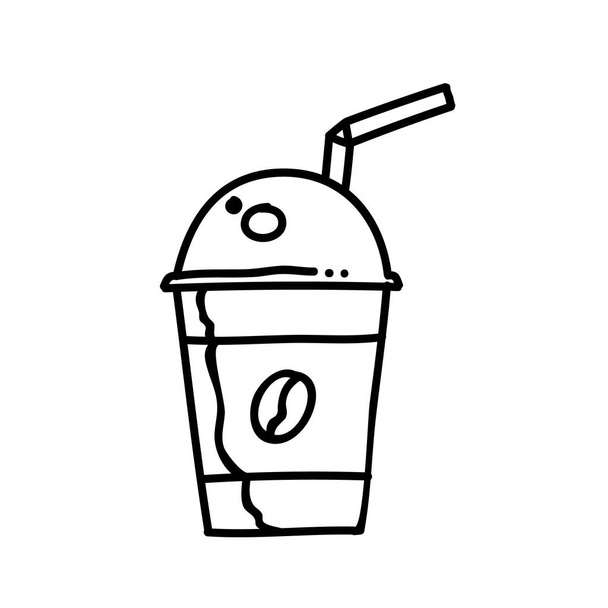 ストローアイコン付きのコーヒー飲料プラスチックカップ。手描きベクトルイラスト。編集可能なラインストローク - ベクター画像