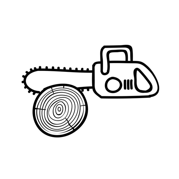 Chain saw cutting wood log. Hand drawn vector illustration. Editable line stroke - Vector, Image