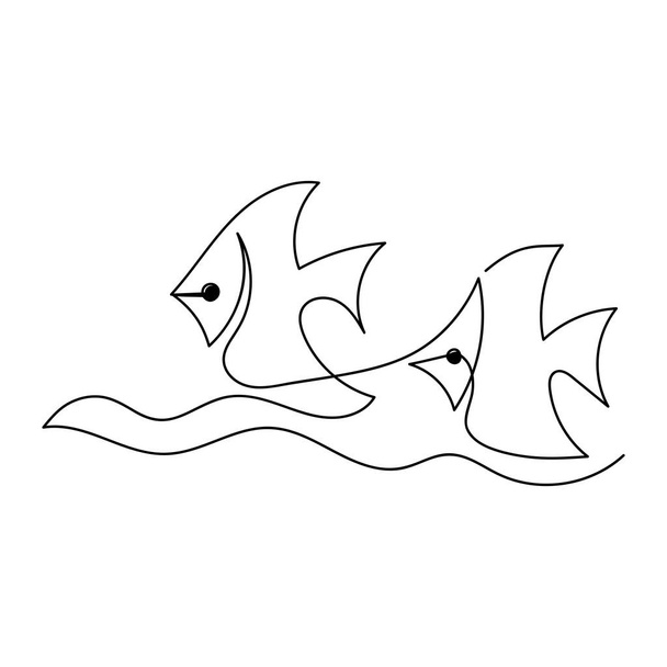 Continuous one line drawing. Exotic fish. Two animals. Hand drawn vector illustration on white background. - Vector, Image