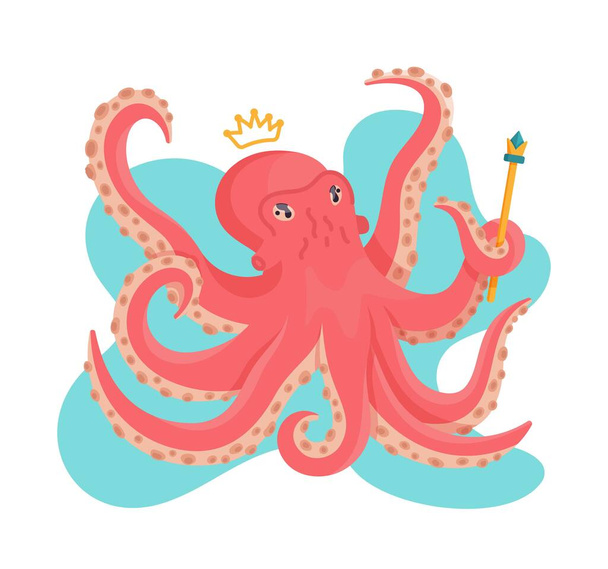 Een zeedier met een kroon en een stok in zijn tentakel. Vector illustratie van octopus geïsoleerd op witte en blauwe achtergrond. Koning.  - Vector, afbeelding