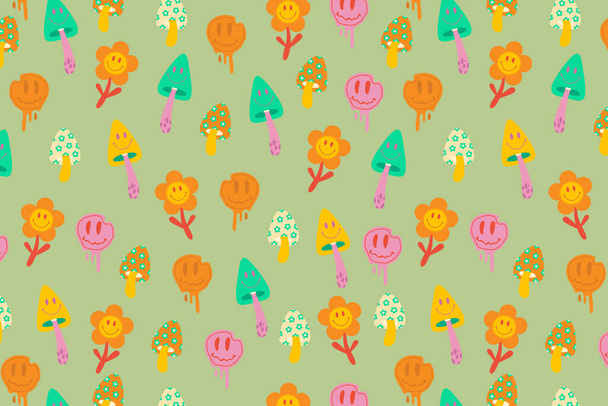 seamless pattern with colorful flowers and mushrooms - Foto, Imagen