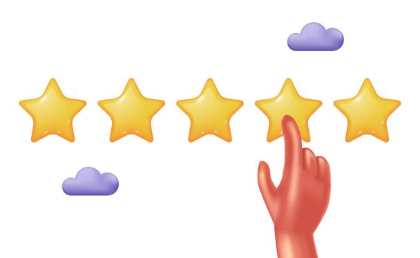 five star 3d cute illustration hand touch for review, rank, reputation, feedback customer illustration concept - Vector, Image