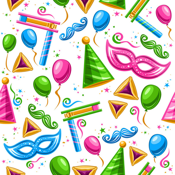 Vector Purim Seamless Pattern, square repeating background with cut out illustrations of traditional purim symbols, various vibrant balloons, sweet haman's ears for purim festival on white background - Vector, Image