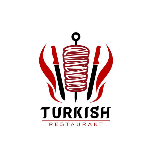 Turkish cuisine restaurant vector icon with doner kebab or shawarma on skewer. Barbecue rotating spit with grilled meat, chef knives and red fire flames isolated symbol, Turkish fast food icon - Vector, Image
