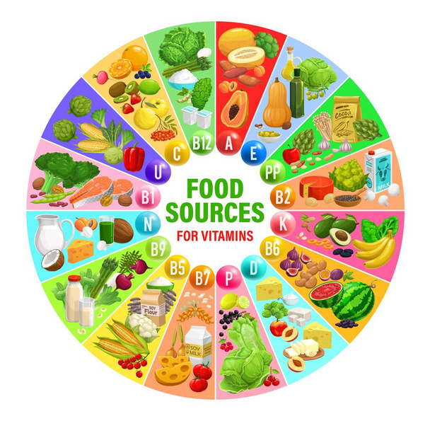 Food sources of vitamins and minerals. Healthy food chart or vector wheel scheme with dried fruits, fresh vegetables and berries, fish meat seafood, cereals and nuts, dairy and soy beans food products - Vector, Image