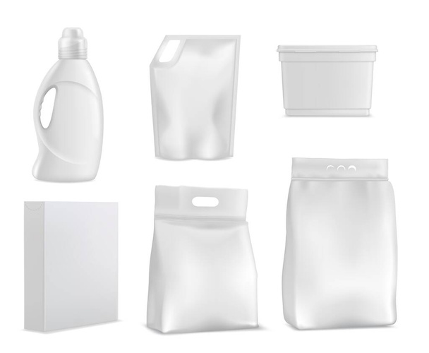 Πλυντήρια και σακούλες, απορρυπαντικό ρούχων. Φιάλη διάνυσμα, συσκευασία Doy Pack και κουτί που απομονώνεται. 3d κενό οικιακά χημικά δοχεία. Ρεαλιστικό λευκό πλαστικό σετ συσκευασίας καθαρισμού - Διάνυσμα, εικόνα