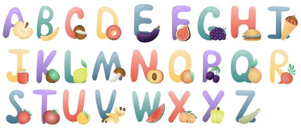 Todas as letras do alfabeto com imagens em um fundo branco, cartão educativo. Vocabulário e alfabeto inglês, vetor para crianças, ajuda à aprendizagem no jardim de infância e escola - Vetor, Imagem