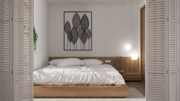 Белый откидной дверной проем в современной спальне в стиле модерн, двуспальная кровать, паркетный пол, белый дизайн интерьера, концепция архитектора, размытый фон - Фото, изображение