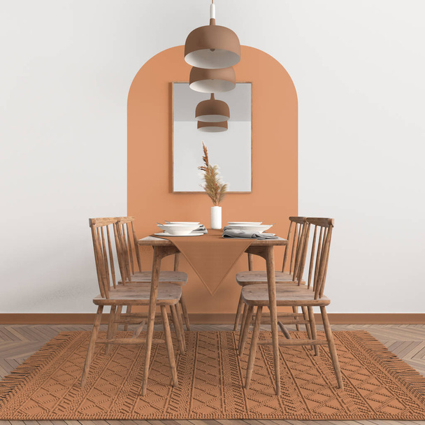 Moderní bílá, oranžová a dřevěná jídelna se stolem a starobylým skandinávským křeslem, prázdný prostor s kobercem, dveřmi, zrcadly a závěsnými lampami. Kopírovat prostor, návrh interiéru - Fotografie, Obrázek