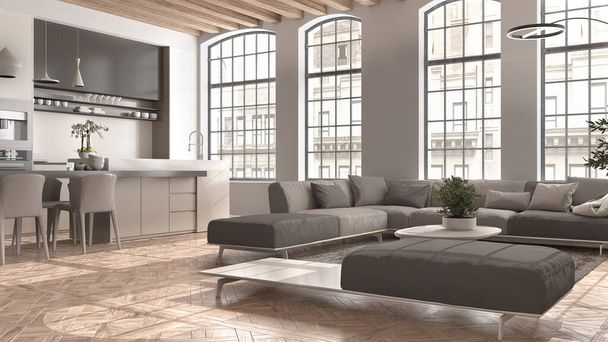 Modern kitchen and living room in vintage apartment in beige tones with big windows, large sofa with pillows, island with chairs. Classic parquet, wooden roof beams, interior design - Photo, Image