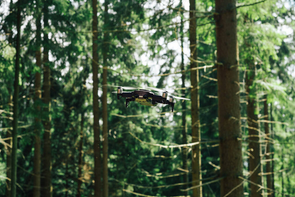 Drone para vídeo e foto de tiro voa em uma floresta de coníferas nas montanhas. Conceito de tecnologia. - Foto, Imagem