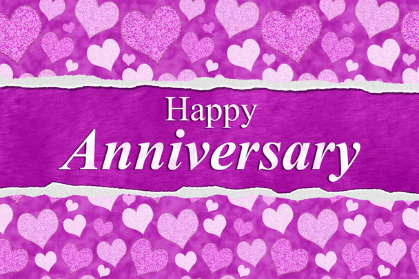 Feliz Aniversario saludo con corazones rosados para boda o aniversario del cliente  - Foto, Imagen