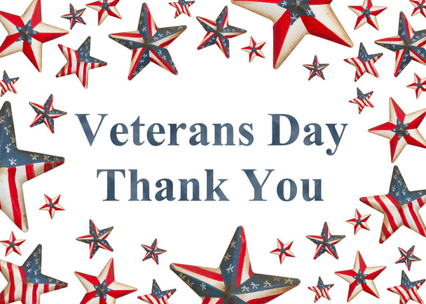 退役軍人の日ありがとうメッセージでレトロ赤、白と青の米国の旗の星 - 写真・画像