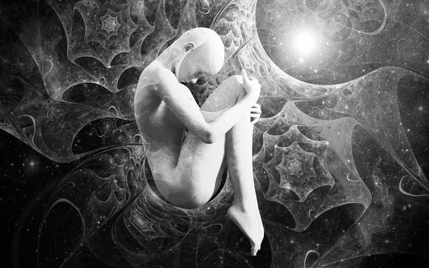 A woman in the fetal position against the background of the universe. 3D illustration. A mystical journey through the vast universe. - Foto, Bild