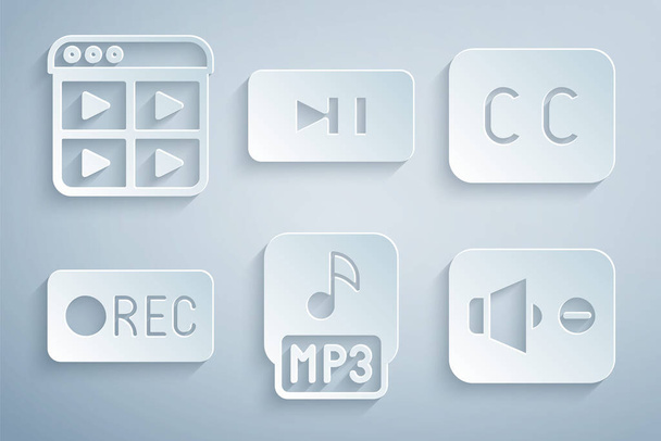 Definir arquivo MP3, Legendas, Botão de gravação, Alto-falante mudo, Pausa e ícone da lista de reprodução de música. Vetor - Vetor, Imagem