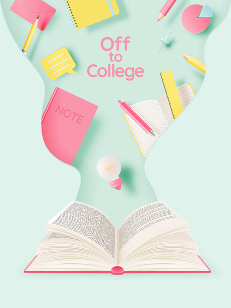 Off to college concept art with text book  in pastel color scheme vector illustration - Vector, imagen