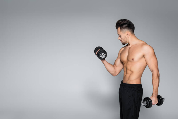 shirtless and muscular sportsman exercising with dumbbells on grey - Foto, immagini