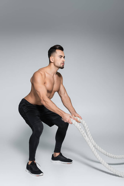 full length of strong bearded sportsman training with battle ropes on grey - Fotoğraf, Görsel