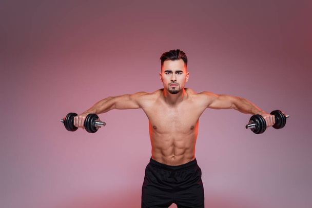muscular sportsman training with dumbbells on pink and grey - Fotografie, Obrázek