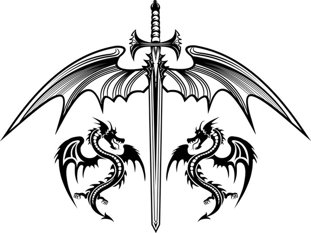 Épée de dragon tuant. Tatouage noir et blanc  - Vecteur, image