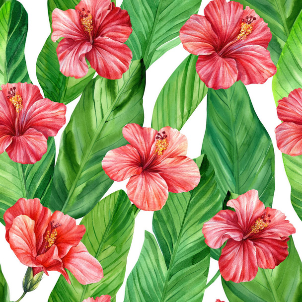 Akvarell egzotikus trópusi zökkenőmentes minta hibiszkusz, pálmalevél. Nyári háttér szövet, nyomtatás tervezés. - Fotó, kép