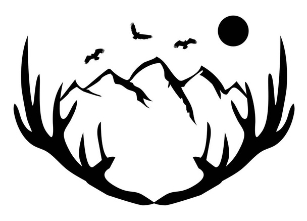 Векторная иллюстрация оленьих рогов с горами, орлами, луной. - Вектор,изображение