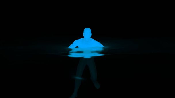 3D-s férfi úszás. Tervezés. Fluoreszkáló sziluettje az embernek a vízben. 3D animáció izzó ember úszó vízben fekete háttér - Fotó, kép