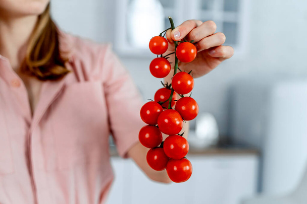 Close up view of healthy food in woman hands. Red fresh tomatoes in woman hands. - Zdjęcie, obraz