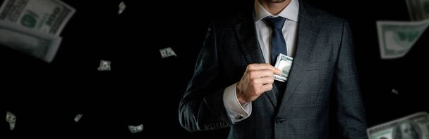 American cash. Business man hand holding dollar sign. Usd bill money falling banner - Foto, immagini