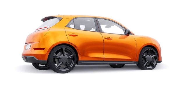 Portakallı, küçük elektrikli bir hatchback araba. 3B illüstrasyon - Fotoğraf, Görsel
