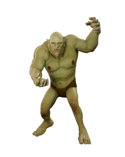 Ogro gigante de piel verde que camina hacia la cámara con los brazos en pose agresiva. Representación 3D aislada en blanco. - Foto, imagen
