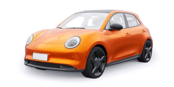 Orange ein niedliches kleines elektrisches Fließheck-Auto. 3D-Illustration - Foto, Bild