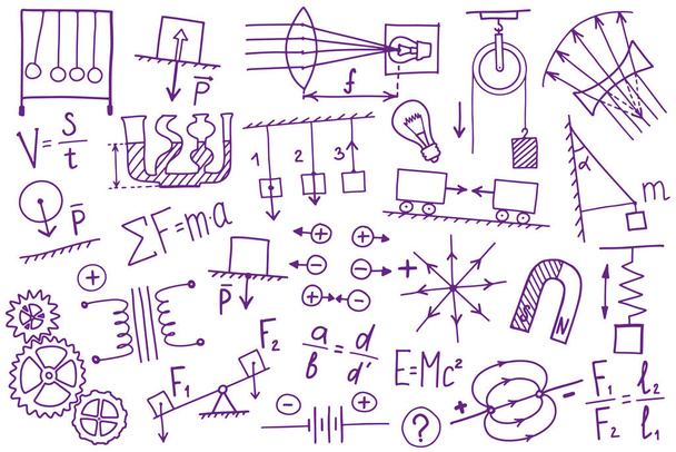 Phisics symbols icon set. Science subject doodle design. Education and study concept. Back to school sketchy background for notebook, not pad, sketchbook. - Vector, Image