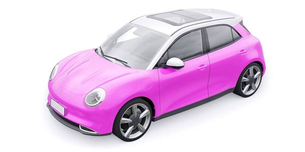 Rosa bonito pequeno carro de hatchback elétrico. Ilustração 3D - Foto, Imagem