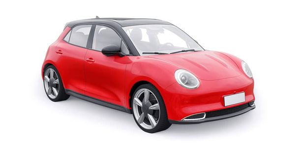 Rojo lindo pequeño coche hatchback eléctrico. Ilustración 3D - Foto, Imagen