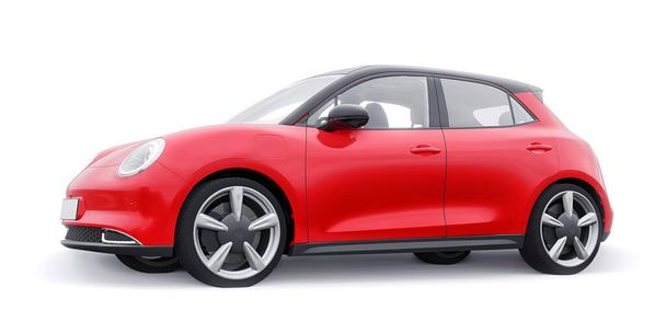 Czerwony mały elektryczny hatchback. 3D ilustracja - Zdjęcie, obraz