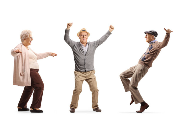 Happy elderly people dancing isolated on white background - Foto, afbeelding