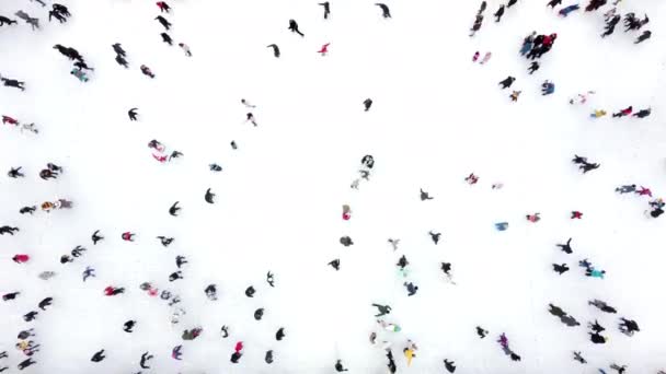 Vista aérea do drone sobre muitas pessoas patinando em uma pista de gelo ao ar livre no inverno. - Filmagem, Vídeo