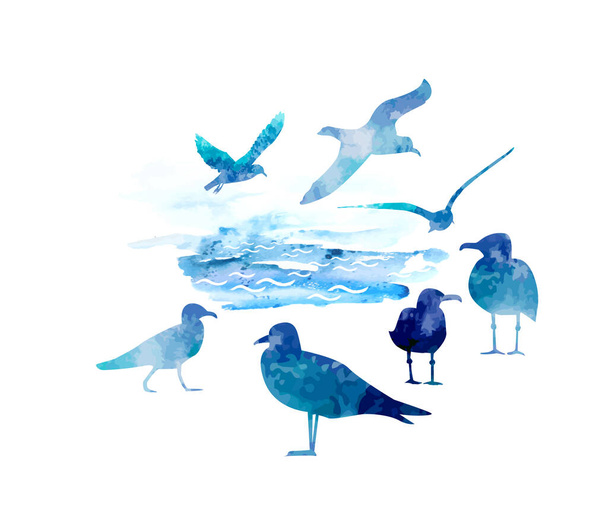 Летят голубые акварельные чайки. Векторная иллюстрация - Вектор,изображение