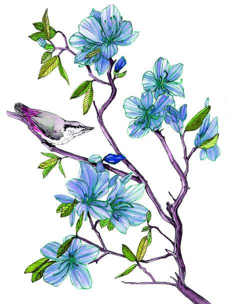 A bird sitting on a branch of a flowering Rhododendron. Watercolor illustration - Fotografie, Obrázek