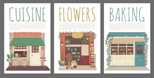 Cafe, flower shop and bakery advertising posters set with copy space for text, flat vector illustration. - Vetor, Imagem