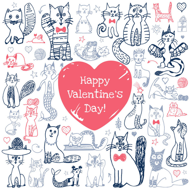 Cat doodle Happy Valentine's day set. Cute sketch animal. Romantic Valentine day greeting card. Doodle outline kittens love banner. Vector illustration isolated on white background, kid style art icon - Vektor, kép