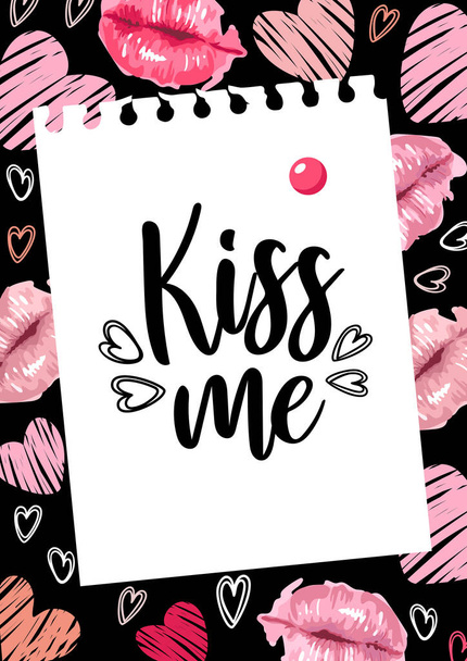 Postcard for Valentines Day. Kiss Me. Letter. Watercolor style lips, hearts with grunge textures. For posters, postcards, banners, fabric printing - Vecteur, image