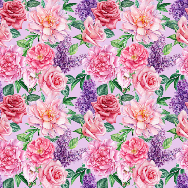 Aquarel naadloos patroon bloemen pioen, roos, lila. Bloemen ontwerp  - Foto, afbeelding