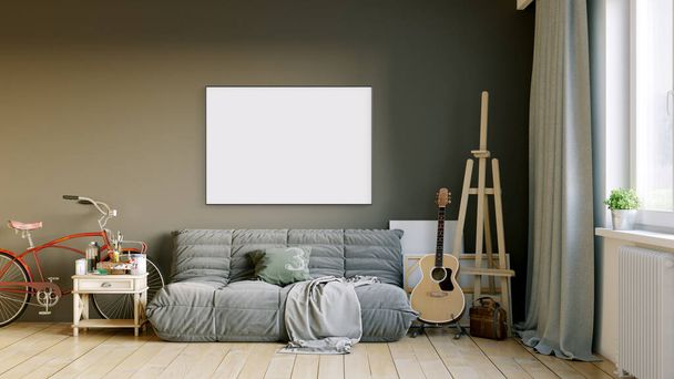 Boş bir tablosu olan modern bir oda. Kanepe, geniş pencere, ahşap zemin ve duvar. Temiz iç tasarım çizgileri. 3B görüntüleme - Fotoğraf, Görsel